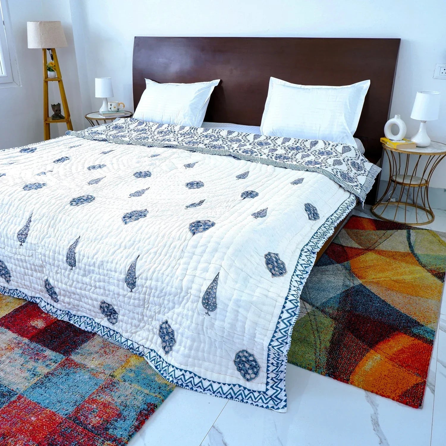 Hand Block Printed Jaipuri Cotton Quilt - Blue Floral Bel (90X108 Inches)